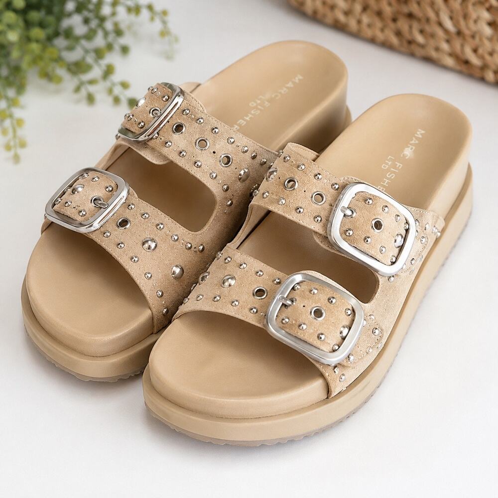 Marc Fisher LTD Sayge Sandals 9M Tan Suede Studded Double Buckle Platform